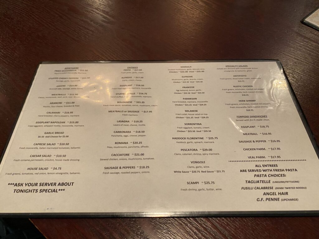 Anthony’s Italian Restaurant Menu 1